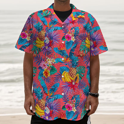Pink Hawaiian Fruits Pattern Print Textured Short Sleeve Shirt