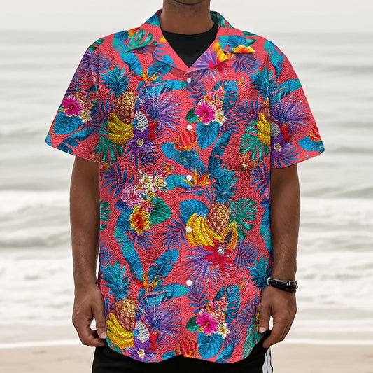 Pink Hawaiian Fruits Pattern Print Textured Short Sleeve Shirt