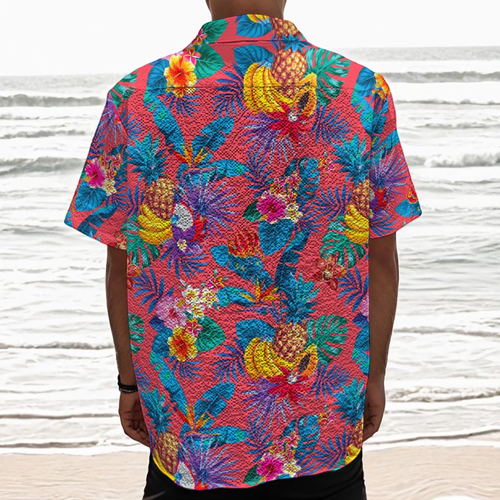Pink Hawaiian Fruits Pattern Print Textured Short Sleeve Shirt