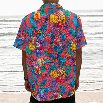 Pink Hawaiian Fruits Pattern Print Textured Short Sleeve Shirt