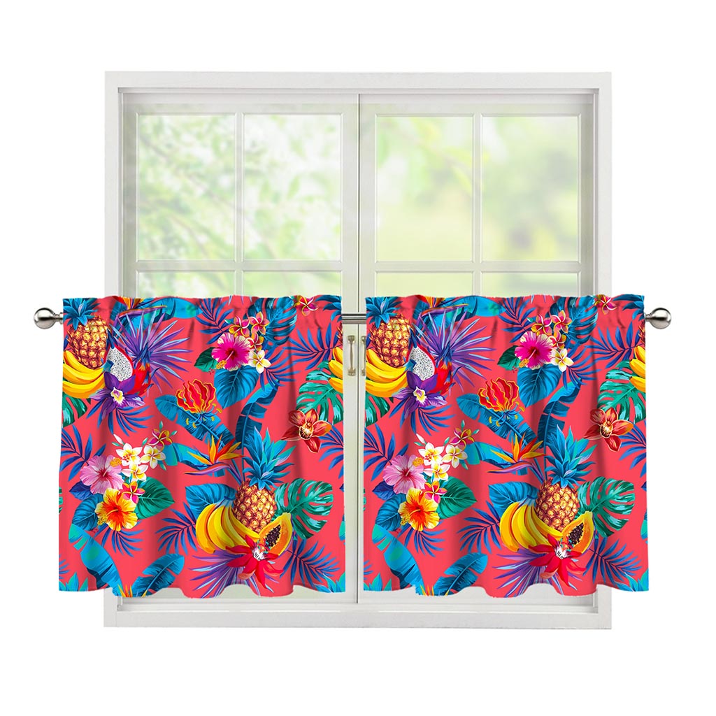 Pink Hawaiian Fruits Pattern Print Tier Curtains