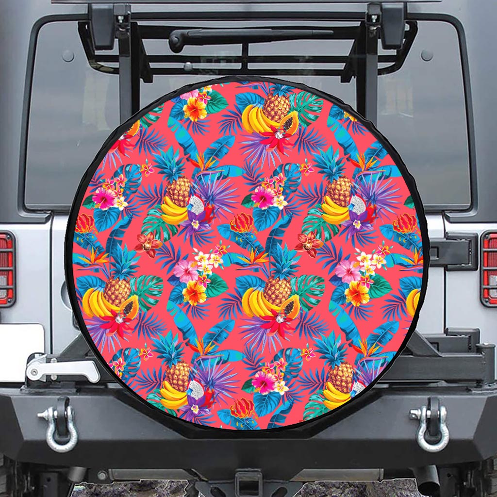 Pink Hawaiian Fruits Pattern Print Tire Cover