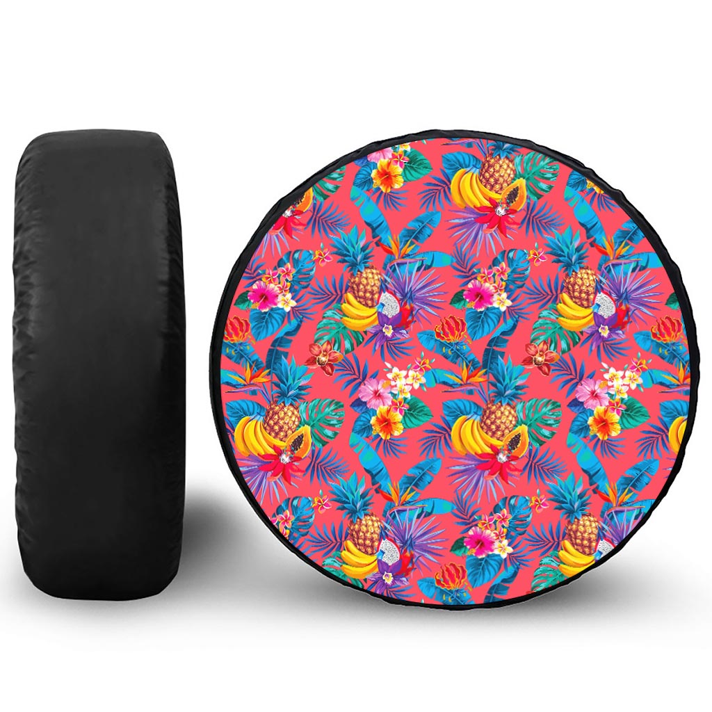 Pink Hawaiian Fruits Pattern Print Tire Cover