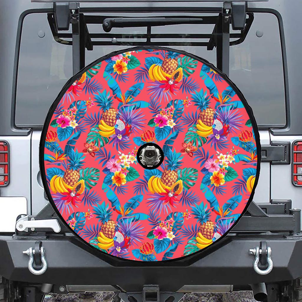 Pink Hawaiian Fruits Pattern Print Tire Cover With Camera Hole