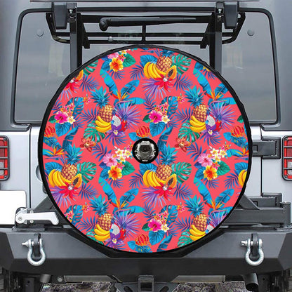 Pink Hawaiian Fruits Pattern Print Tire Cover With Camera Hole