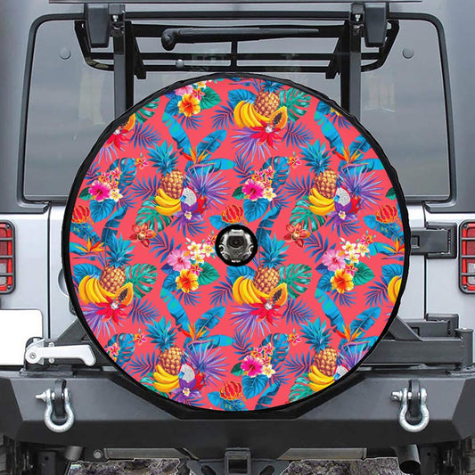 Pink Hawaiian Fruits Pattern Print Tire Cover With Camera Hole