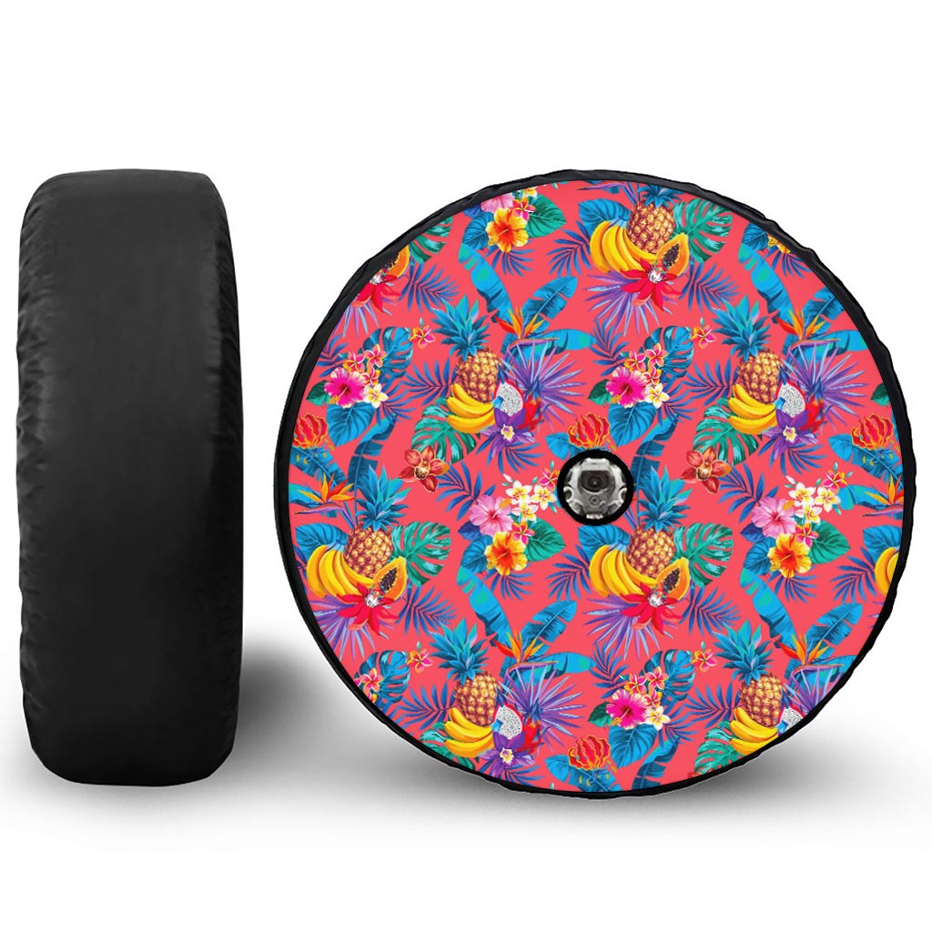Pink Hawaiian Fruits Pattern Print Tire Cover With Camera Hole