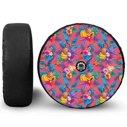Pink Hawaiian Fruits Pattern Print Tire Cover With Camera Hole