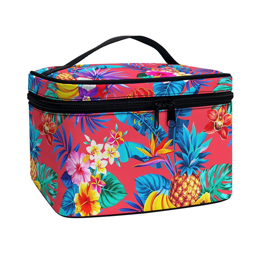 Pink Hawaiian Fruits Pattern Print Travel Makeup Bag