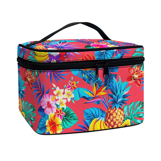 Pink Hawaiian Fruits Pattern Print Travel Makeup Bag