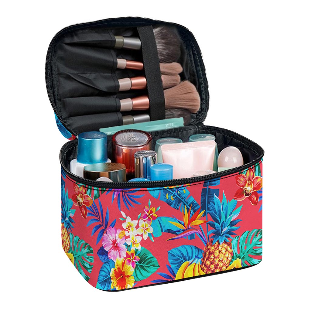 Pink Hawaiian Fruits Pattern Print Travel Makeup Bag