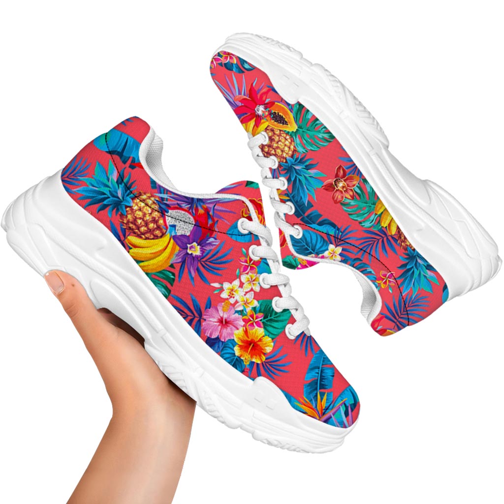 Pink Hawaiian Fruits Pattern Print White Chunky Shoes