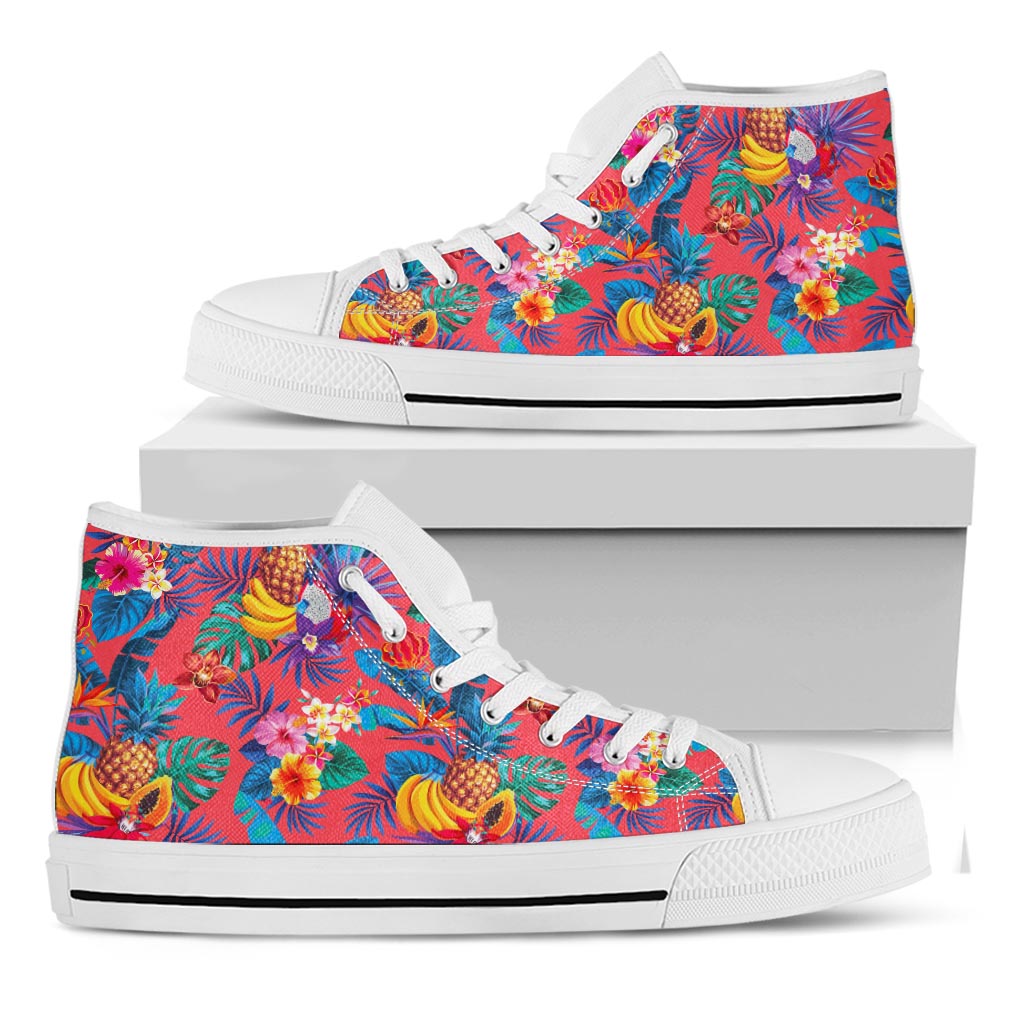 Pink Hawaiian Fruits Pattern Print White High Top Sneakers