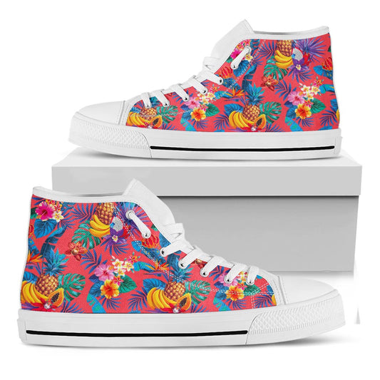 Pink Hawaiian Fruits Pattern Print White High Top Sneakers