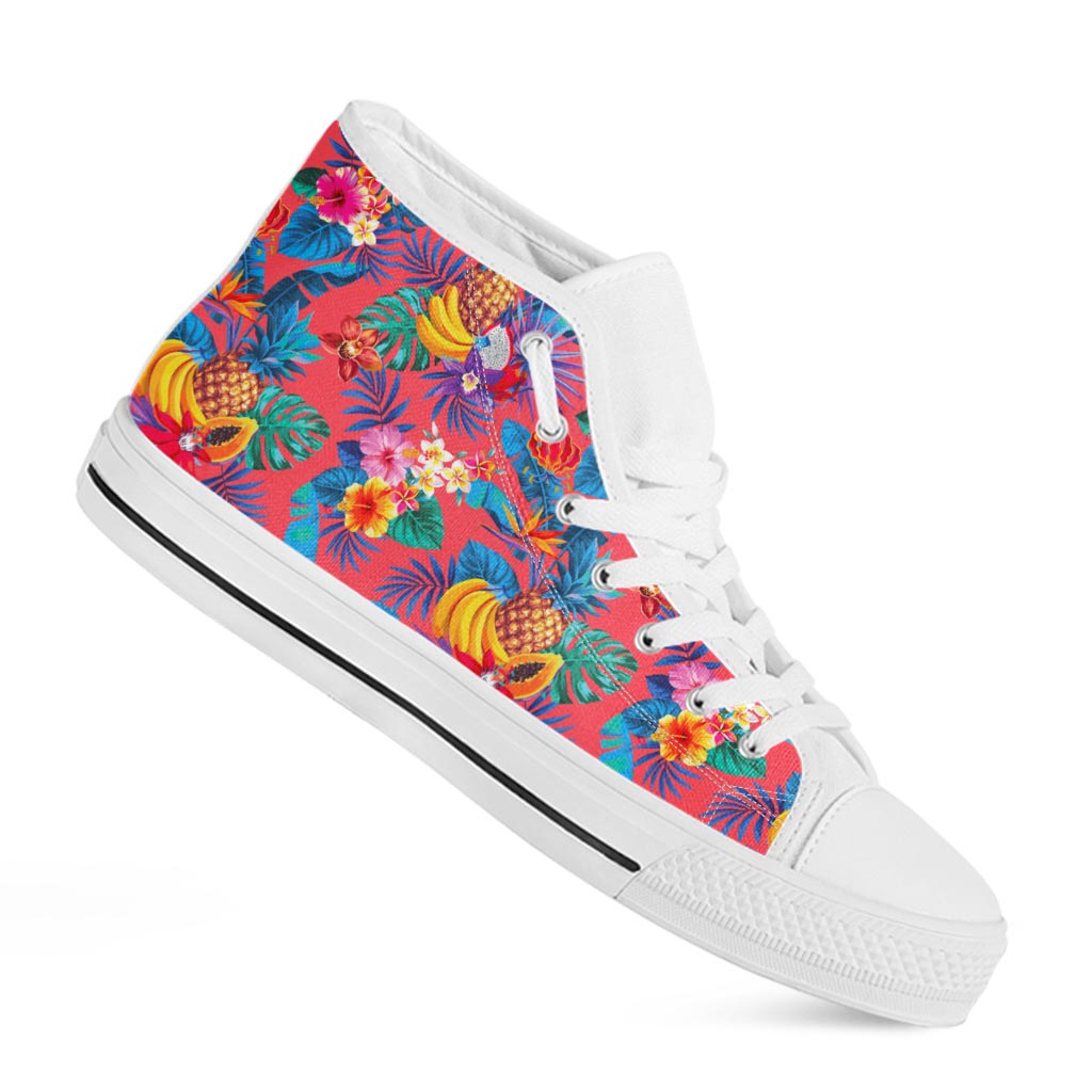 Pink Hawaiian Fruits Pattern Print White High Top Sneakers