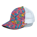 Pink Hawaiian Fruits Pattern Print White Mesh Trucker Cap