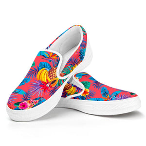 Pink Hawaiian Fruits Pattern Print White Slip On Sneakers