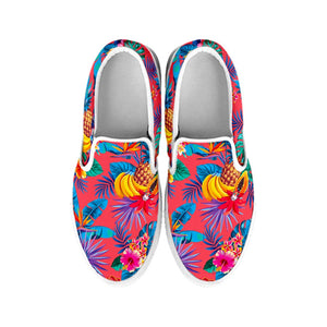 Pink Hawaiian Fruits Pattern Print White Slip On Sneakers