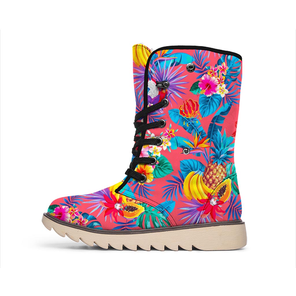 Pink Hawaiian Fruits Pattern Print Winter Boots