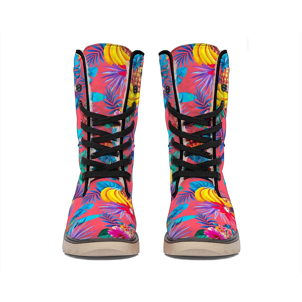 Pink Hawaiian Fruits Pattern Print Winter Boots