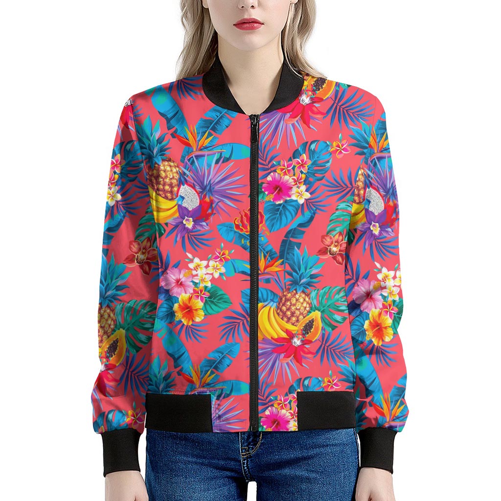 Pink Hawaiian Fruits Pattern Print Women's Bomber Jacket
