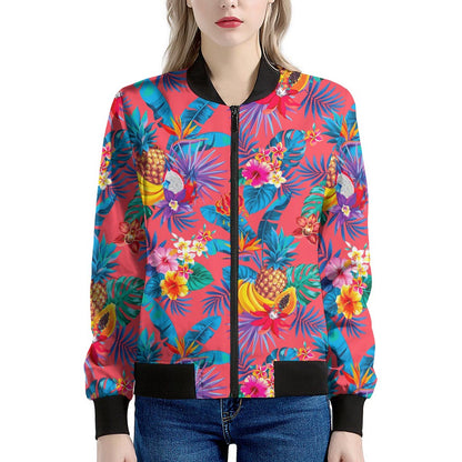 Pink Hawaiian Fruits Pattern Print Women's Bomber Jacket