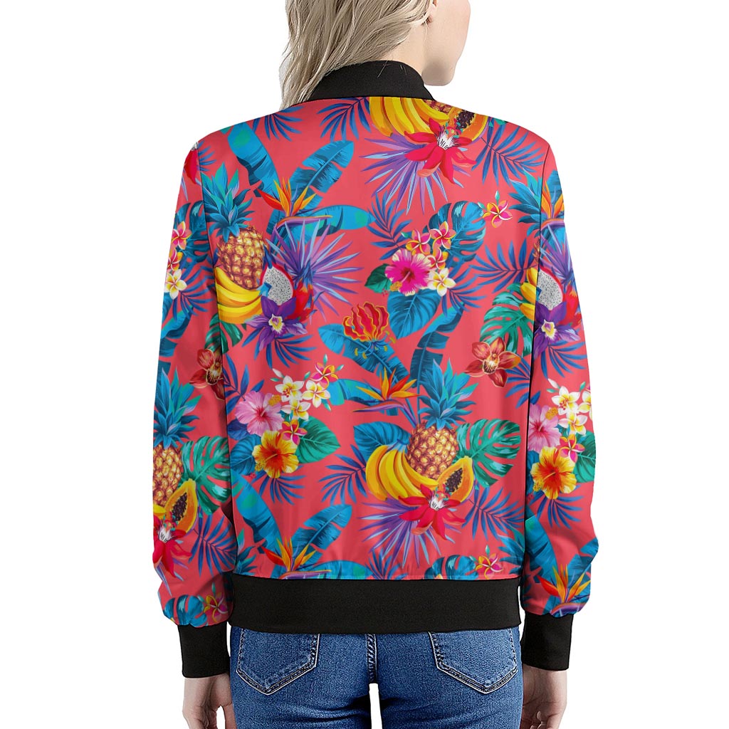 Pink Hawaiian Fruits Pattern Print Women's Bomber Jacket