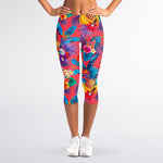 Pink Hawaiian Fruits Pattern Print Women's Capri Leggings