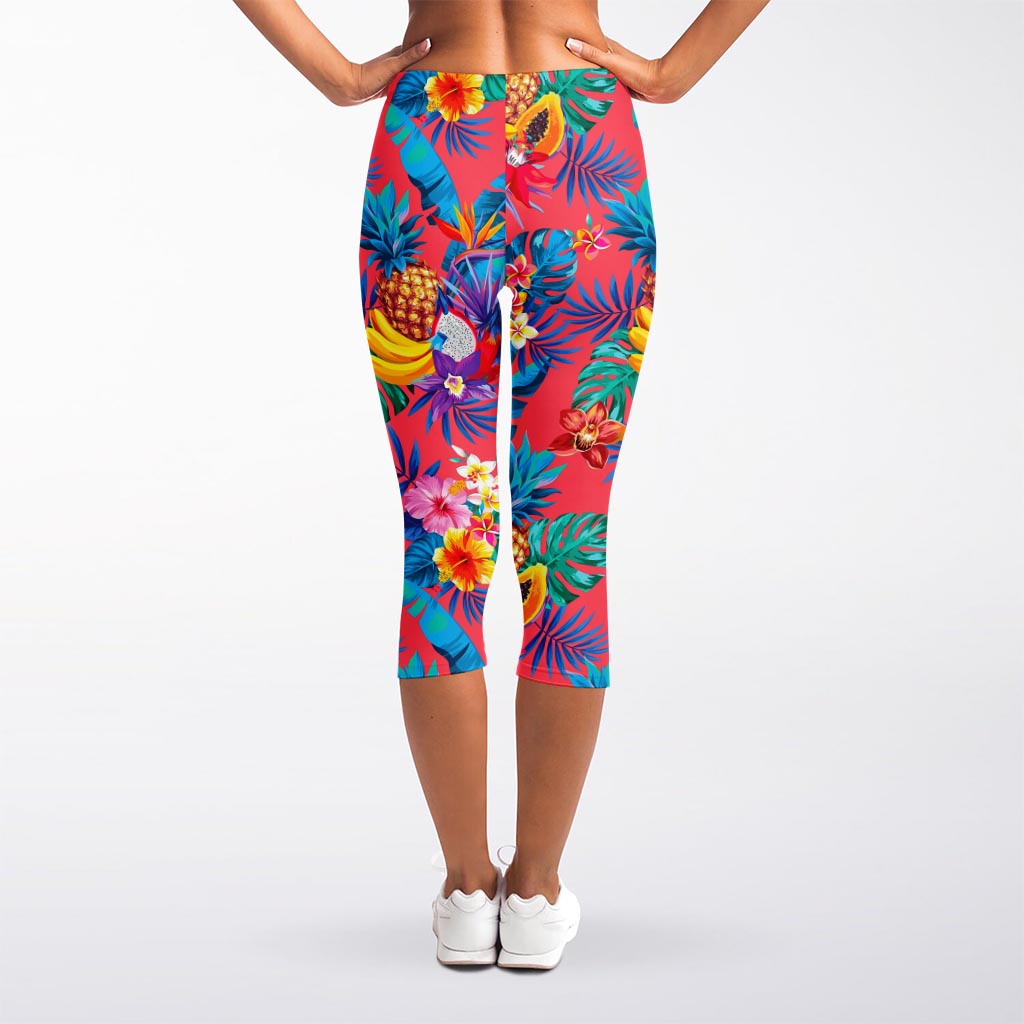 Pink Hawaiian Fruits Pattern Print Women's Capri Leggings