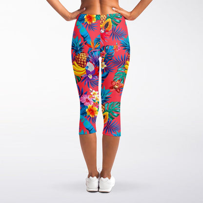 Pink Hawaiian Fruits Pattern Print Women's Capri Leggings