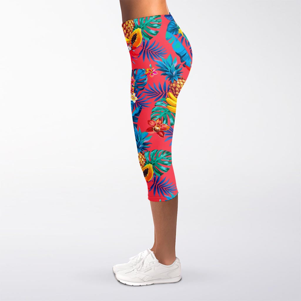 Pink Hawaiian Fruits Pattern Print Women's Capri Leggings
