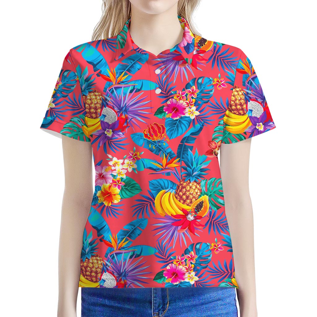 Pink Hawaiian Fruits Pattern Print Women's Polo Shirt