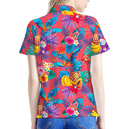 Pink Hawaiian Fruits Pattern Print Women's Polo Shirt