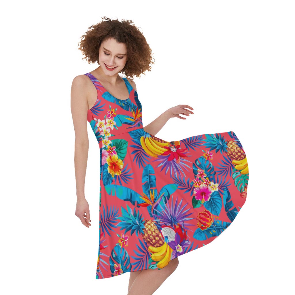 Pink Hawaiian Fruits Pattern Print Women's Sleeveless Dress