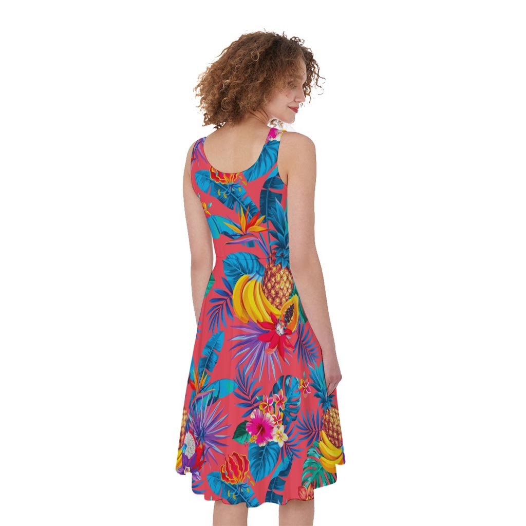 Pink Hawaiian Fruits Pattern Print Women's Sleeveless Dress