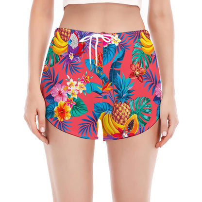 Pink Hawaiian Fruits Pattern Print Women's Split Running Shorts