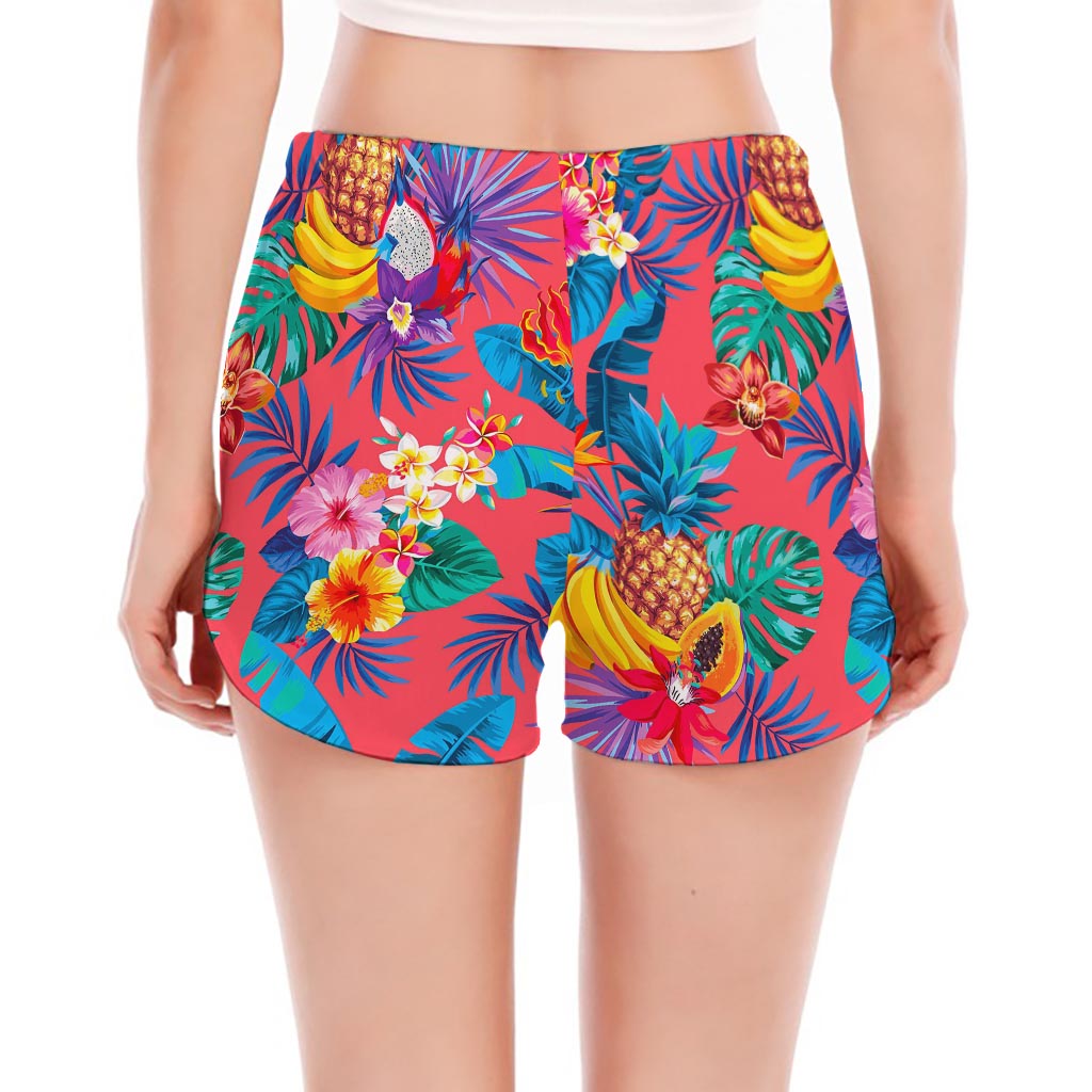 Pink Hawaiian Fruits Pattern Print Women's Split Running Shorts