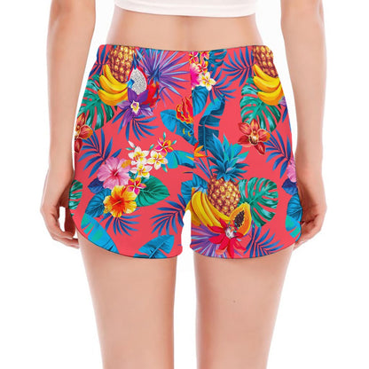 Pink Hawaiian Fruits Pattern Print Women's Split Running Shorts