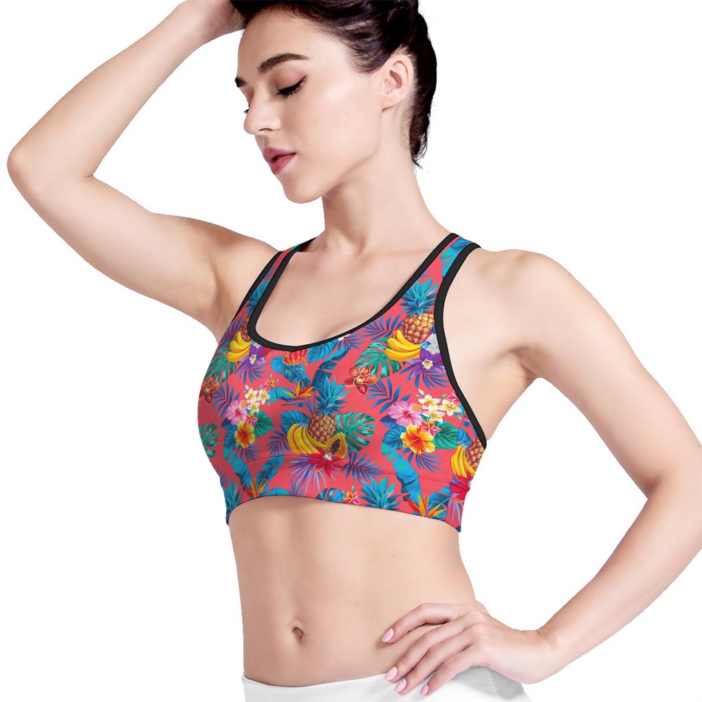 Pink Hawaiian Fruits Pattern Print Women's Sports Bra