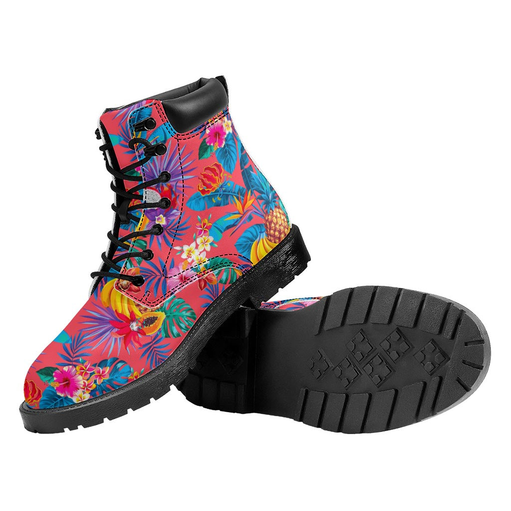 Pink Hawaiian Fruits Pattern Print Work Boots