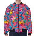 Pink Hawaiian Fruits Pattern Print Zip Sleeve Bomber Jacket