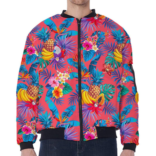 Pink Hawaiian Fruits Pattern Print Zip Sleeve Bomber Jacket