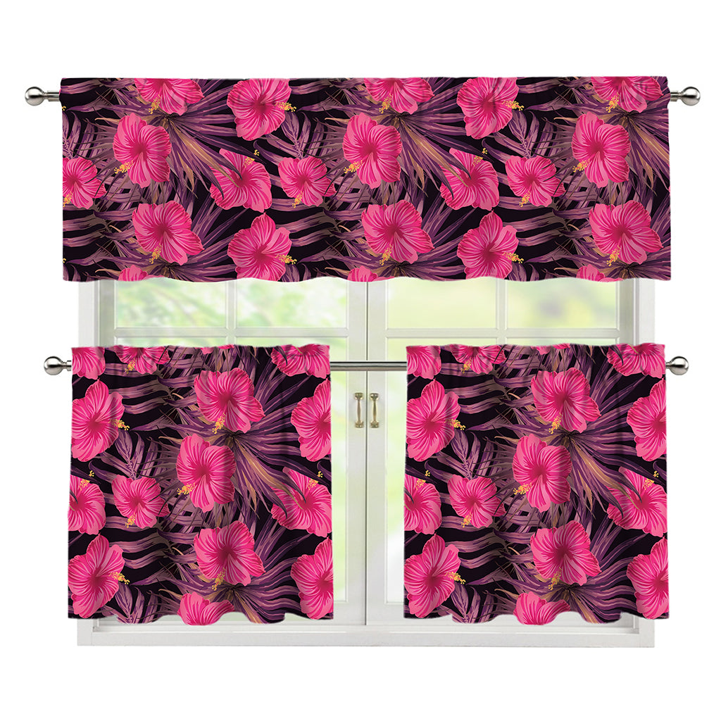 Pink Hawaiian Hibiscus Pattern Print 3 Piece Kitchen Curtains