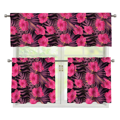 Pink Hawaiian Hibiscus Pattern Print 3 Piece Kitchen Curtains