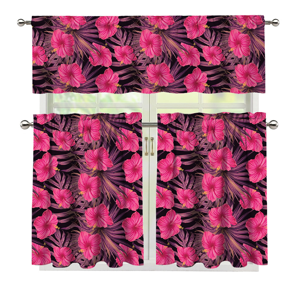 Pink Hawaiian Hibiscus Pattern Print 3 Piece Kitchen Curtains