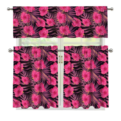 Pink Hawaiian Hibiscus Pattern Print 3 Piece Kitchen Curtains