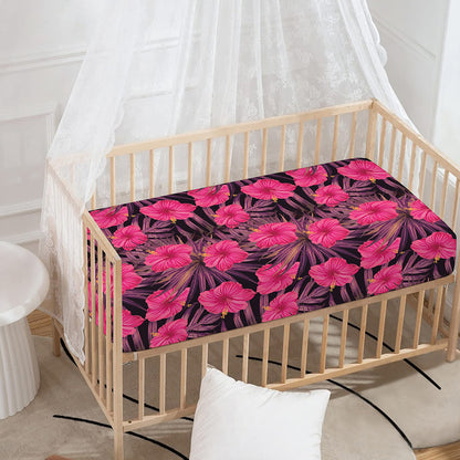 Pink Hawaiian Hibiscus Pattern Print Baby Crib Sheet