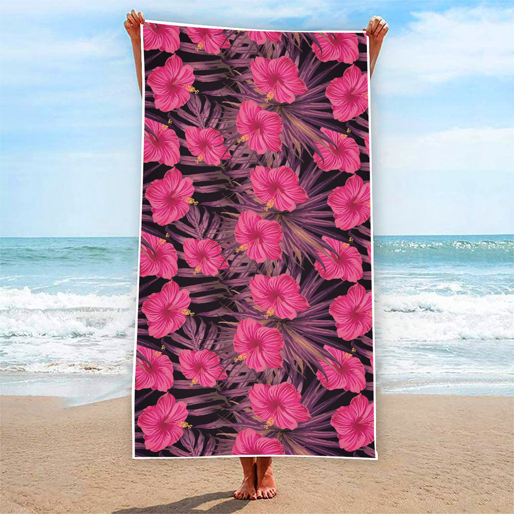 Pink Hawaiian Hibiscus Pattern Print Beach Towel