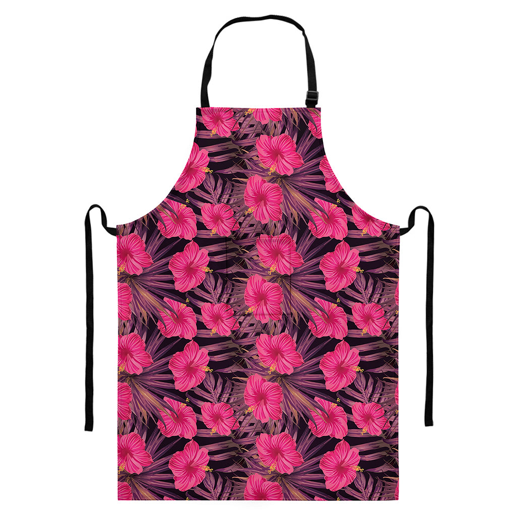 Pink Hawaiian Hibiscus Pattern Print Bib Apron With Pocket