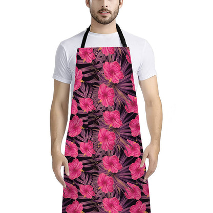 Pink Hawaiian Hibiscus Pattern Print Bib Apron With Pocket